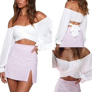 Off Shoulder Long Sleeve Self Tie Crop Top